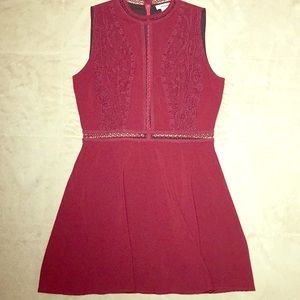 High-neck sleeveless red dress w/ crochet cut-outs
